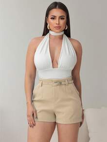 Women's Tailored Shorts With Belt And Pocket - 裸體 - 查看 1