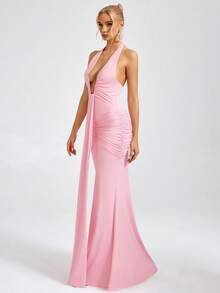 女士性感优雅露背吊带深V领褶皱鱼尾连衣裙，适合海滩、鸡尾酒会、夜店、圣诞节、情人节、婚礼宾客、伴娘、音乐节、母亲节、毕业典礼等场合，粉色系夏季款 - 粉色 - 查看 7
