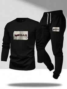 2pcs Men's Sports Set, Thin Long Sleeve Crew Neck T-Shirt + Drawstring Jogger Pants, Featuring Vintage Graphic Pattern. Versatile For Streetwear, Casual, Daily Wear, And Light Activities. Great Gift For Boyfriend Or Husband - Multicolor - View 2