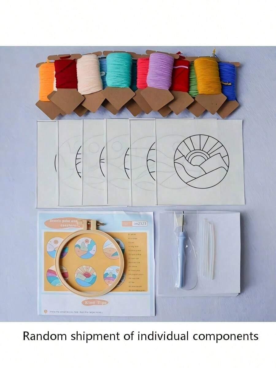 6 件装风景打孔针套件带杯垫 - 完整的初学者刺绣入门套装，包括工具和多种颜色 - 彩色 - 查看 1