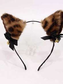 1pc Brown Leopard Print Halloween Fox Ear Cute Party Polyester Fiber (Polyester) Headband, Animal Ear COS Headpiece, Suitable For All Seasons, Party, Masquerade, Black Lace Veil, Trending Cute Cat/Rabbit Ear Headband, Women's Hair Accessory - Brown - View 3