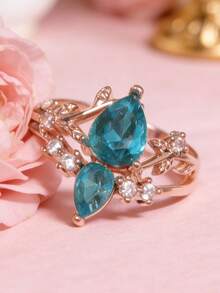 1pc Fashion Waterdrop Cut Blue Stone Ring Wedding Band Valentine's Day Jewelry Combining The Elegance Of The Main Stone With The Brilliance Of, Interpreting A Vintage Glamour Style, A Delicate Accessory To Light Up Your Outfit And Convey Unique Taste, For Teenager Women Christmas Gift Wedding Ring - Multicolor - View 3