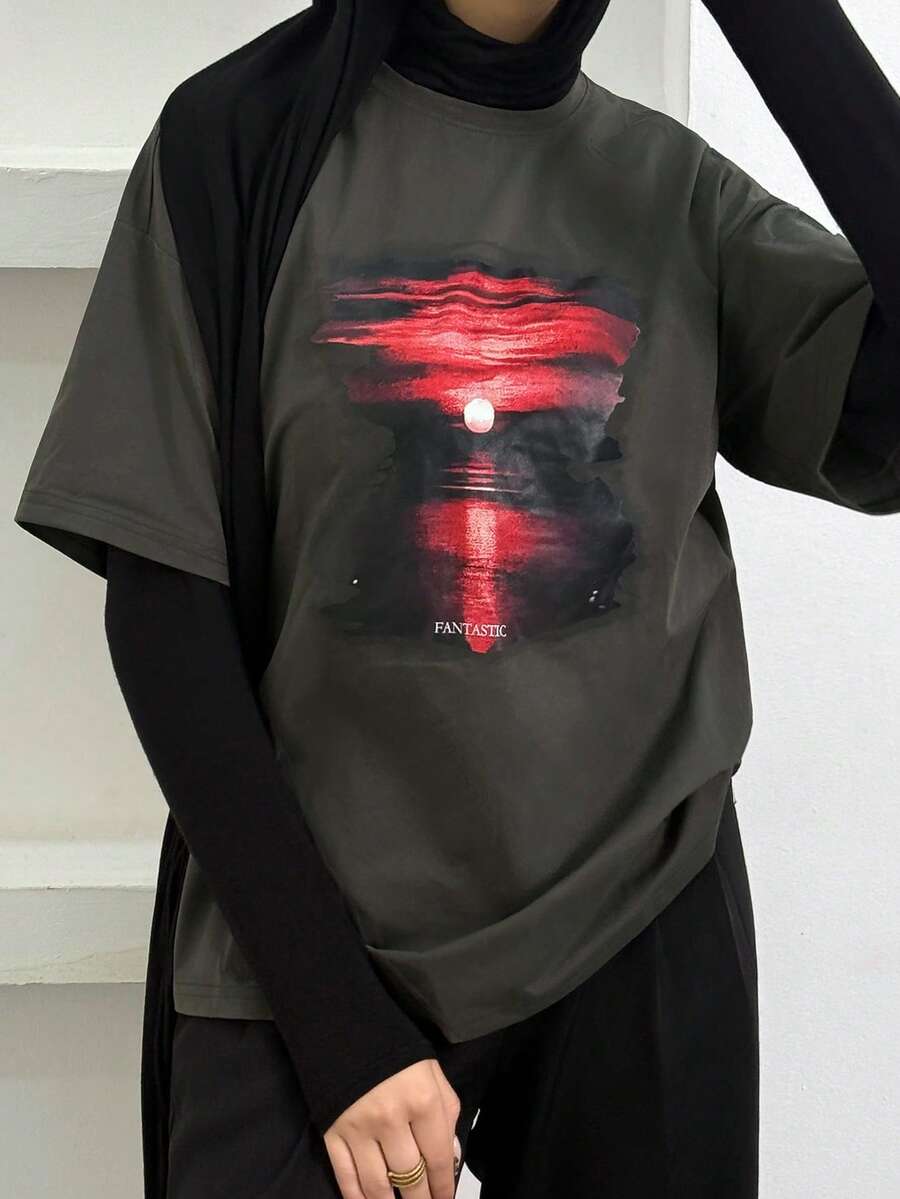 DAZY Tee-shirt à manches courtes ample avec imprimé paysage, col rond, tee-shirt ample d'été - Gris - Voir 1
