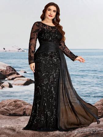 BluePlum 高品质弹力优雅亮片拼接超修身圆领长袖塑形设计飘逸面料美人鱼下摆修身大码正式礼服，适合晚宴、结婚纪念日、家庭正式晚宴、新娘、生日庆典、奢华高端新娘母亲礼服（重工装饰）