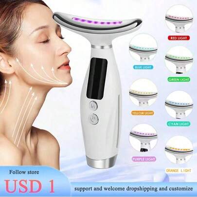 1pc 7-Color High Frequency Portable Facial Massager, Neck Beauty Device, USB Rechargeable Lithium Battery, Fragrance-Free Home SPA Massager, For Skin Tightening And Relaxation