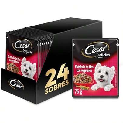 Cesar - Sobres de Alimento para Perro Adulto, Sabor Res y Vegetales, 75g c/u., Paquete de 24 Sobres
