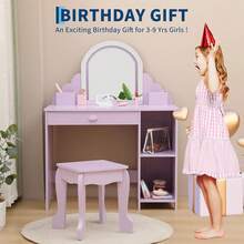 Tocador infantil con espejo y taburete iluminados, tocador y juego de maquillaje de madera para niñas pequeñas con luz LED ajustable, cajón de almacenamiento y estantes para niñas de 3 a 9 años. - Morado - Ver 6