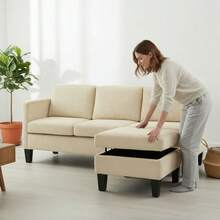 L-Shaped Corduroy Sofa 4-Seat - Grey Modern Luxury Sectional Couch With Memory Foam Padding, Ideal For Living Rooms & Small Apartments (Easy Assembly) - Màu be - Xem 3