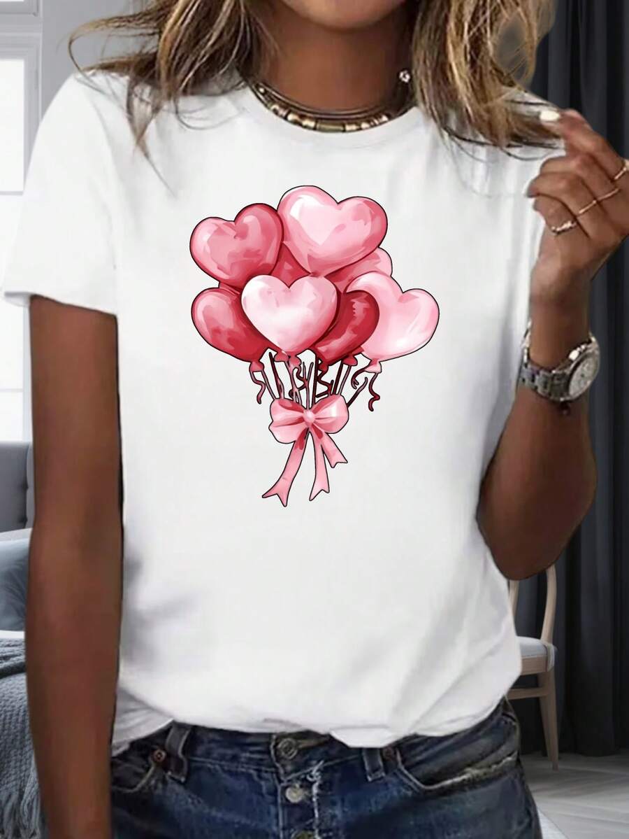 Heart Balloons Valentine Day T-Shirt Women Cute Romantic Graphic Tee Pink Love Design Casual Summer TopHappy Valentine's Day 220g - White - View 1