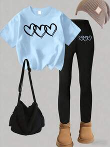 Set de 2 piezas de camiseta de manga corta con estampado de corazón dulce y lindo, y leggings para niñas. Suave y cómodo, adecuado para primavera y verano - Multicolor - Ver 2