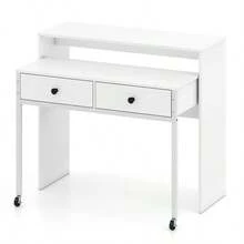 GYMAX Extendable Computer Desk With 2 Storage Drawers, Convertible Home Office Desk With Monitor Shelf, Metal Frame & Lockable Wheels, Rolling Study Writing Desk, Laptop Workstation For Small Space - White - View 1