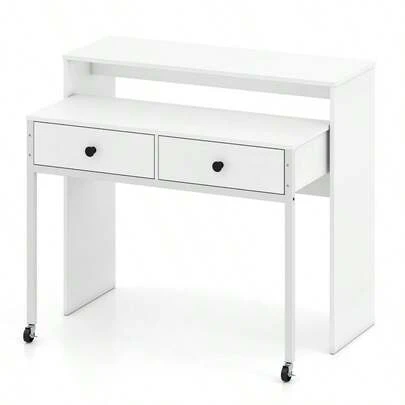 GYMAX Extendable Computer Desk With 2 Storage Drawers, Convertible Home Office Desk With Monitor Shelf, Metal Frame & Lockable Wheels, Rolling Study Writing Desk, Laptop Workstation For Small Space