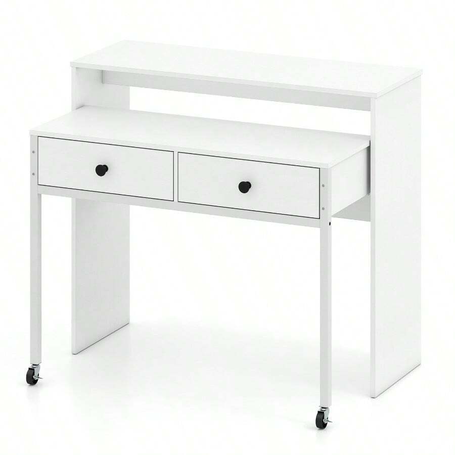 GYMAX Extendable Computer Desk With 2 Storage Drawers, Convertible Home Office Desk With Monitor Shelf, Metal Frame & Lockable Wheels, Rolling Study Writing Desk, Laptop Workstation For Small Space - White - View 1