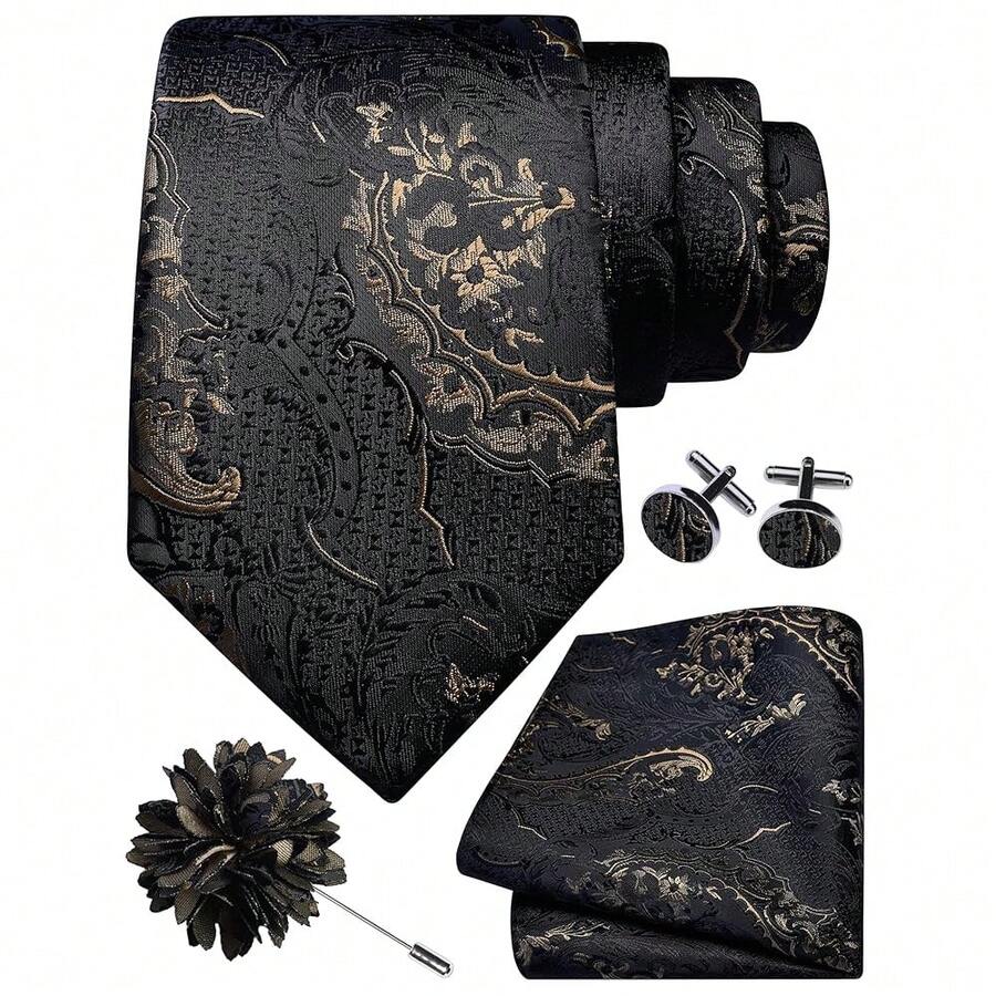 GUSLESON 8cm Paisley Tie Set For Men Necktie Lapel Pin Pocket Square Cufflinks Set For Men,Black/Brown - 黑色/棕色 - 查看 1