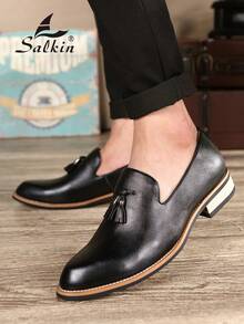 Salkin 经典复古设计师男士一脚蹬乐福鞋，优雅绅士流苏皮鞋，透气纯色，防滑耐用鞋底，适合休闲、商务、正式场合、毕业典礼、婚礼、春夏秋季，加大码 - 黑色 - 查看 3