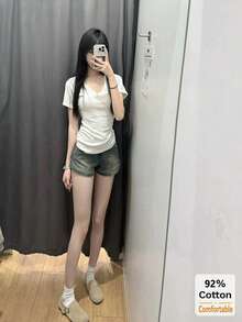 女款V領短袖T恤，百搭純色修身休閒白色夏季款，透氣 - 白色 - 查看 4