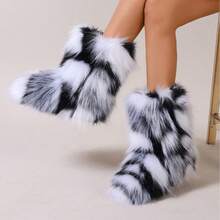 2025 Autumn And Winter Personalized Fashion Rainbow-Colored Furry Puffy Chunky-Heel Ankle Boots, Retro Y2K Style, Suitable For Party, Catwalk, Street Shooting, Music Festival And Halloween Carnival Outfits - 黑與白 - 查看 2
