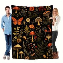 Nature-Themed Mushroom & Flower Print Blanket, Whimsical Forest Ecosystem Design With Butterfly/Snail/Beetle - Lightweight For Picnics, Camping, Decor, Held By Couple - Vibrant Black Background, - trắng - Xem 4