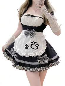 1 chiếc đầm hầu gái Lolita cho bé gái dễ thương, với nơ nhỏ xinh và họa tiết dấu chân đáng yêu, kiểu dáng rộng rãi tôn dáng, phù hợp cho các lễ hội, chụp ảnh, tiệc tùng, cosplay và nhiều hoạt động mùa xuân khác. - Nhiều màu - Xem 5