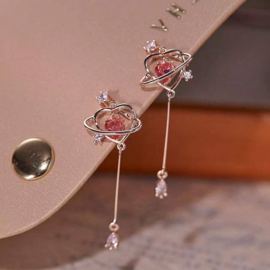 1PC Korean Style Girl  Pink Heart  Water Drop Earrings Cute Elegant Tassel Long Earrings Ear Jewelry - 1 - 查看 1