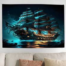 Tapeçaria de Paisagem Oceânica Legal com Navio Pirata, Decoração de Parede, Poliéster 37*28 Polegadas, Tapeçaria para Quarto, Dormitório, Decoração, Presentes para Você e Seus Amigos, Acessórios Incluídos - Navio Pirata - Visão 2