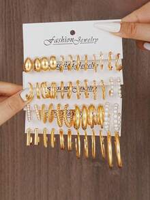 60只/48只/12只 时尚优雅的花朵、水滴、几何造型仿珍珠耳环套装，适合日常佩戴，生日和情人节礼物（不含包装盒） - 金黃色 - 查看 3
