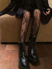 1pc Rose Jacquard Black Fishnet Tights For Women - Black - View 2