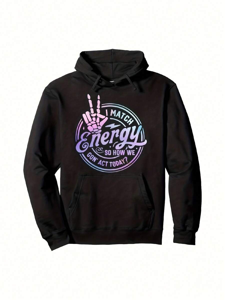 Men-S Black Hoodie With I MATCH Energies HOW WE ACT TODAY White Logo And Peace Sign Graphic - Soft Polyester Blend Oversized Pullover Sweatshirt, Adjustable Hood And Pocket - Unise_615 - 黑色19 - 查看 1