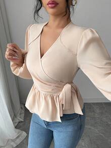 女士休闲日常通勤简约纯色灯笼袖系带衬衫，春秋季 - 杏色 - 查看 5