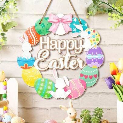 1件复活节彩蛋花环木质门牌，彩色彩蛋复活节快乐欢迎标牌，复活节兔子春季木质悬挂装饰，适用于庭院、门廊、墙壁、农舍风格装饰，大号