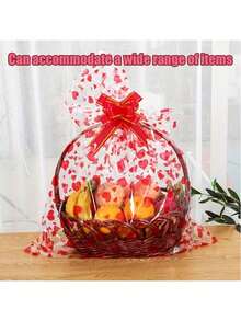 20/2pcs Heart Shaped Print Gift Bags, 20.04x28.34inch Transparent Plastic Basket Bags, Red Ribbon Bow, Fruit Basket Packaging, Gift Wrapping Supplies, Flower Packaging, Suitable For Party Gifts, Weddings, Baby Showers, Birthdays, Anniversaries, Valentine's Day And Various Occasions - Multicolor - View 10