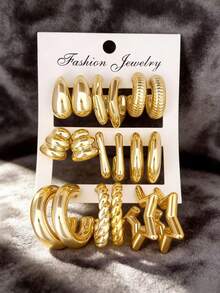 3-9 Pairs Thick Gold Tone Hoop Earrings Set, Low Allergy Thick Gold Earrings For Women - Gold - View 1