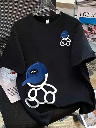 Teens/Boys' Clothing, Kids' Wear, T-Shirt With Bear Wearing Hat Print - Casual Loose Short Sleeve Crew Neck Boys' T-Shirt - Perfect Summer Gift, Suitable For Spring/Summer School And Outdoor Wear