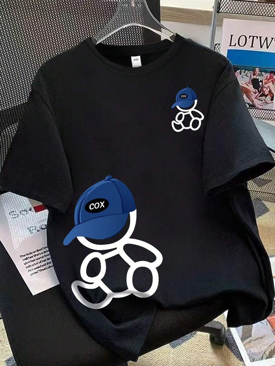 青少年男孩服飾,兒童服裝,印有戴帽子熊圖案的T恤 - 休閒寬鬆短袖圓領運動T恤,適合男孩 - 完美的夏季禮物,適用於春夏季學校和戶外穿著 - 黑色 - 查看 1
