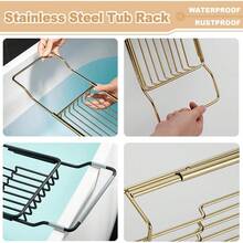 Stainless Steel Bathtub Caddy Tray, Expandable Bathtub Holder Table, Adjustable Bathroom Tray, Bath Organizer Tub Shelf, Gold - 金色 - 查看 5