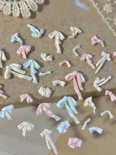 50pcs 3D Colorful Bows Ribbon Bow Nail Charms, White Pink Blue Cute Bow Charms For Nails Design Bowknot Rhinestones Nail Jewelry Women Manicure Decor Accessories Resin Charms For Crafts Phone Case Decorations