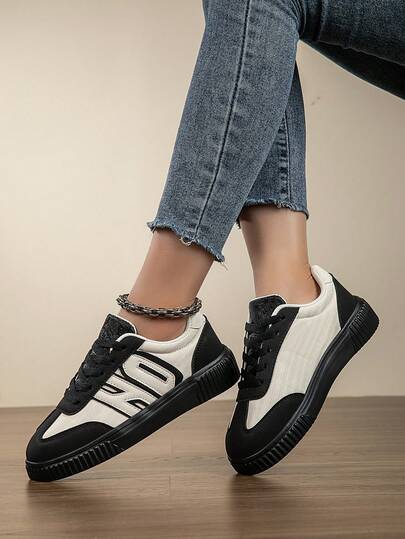 Women's Fashion Casual Sneakers Low-Top Lace-Up Breathable Color Block Athletic Shoes, Lightweight & Comfortable Skate Shoes