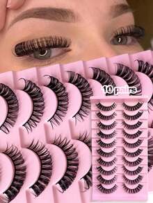 10 Pairs D-Shape Striped Russian False Eyelashes, Cat Eye Style, Natural & Fluffy, Enhance Eye Charm, Suitable For Daily Makeup, Reusable, Ideal For Beginners - Fluffy Lashes - View 2