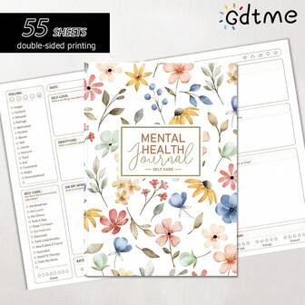 GDTME Cuaderno de 55 páginas tamaño A5, impresión a doble cara, cubierta con diseño floral, encuadernación encolada, útiles de oficina, de vuelta a la escuela, regalo del Día de San Valentín, papelería para estudiantes