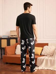 男士印花短袖睡衣套装，夏季家居服 - 黑色 - 查看 2