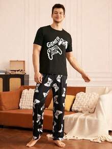 男士印花短袖睡衣套装，夏季家居服 - 黑色 - 查看 5