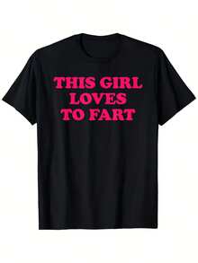 Camiseta gráfica divertida "This Loves to Fart" de algodón suave y transpirable con texto en rosa llamativo, lavable a máquina, unisex - Negro - Ver 1