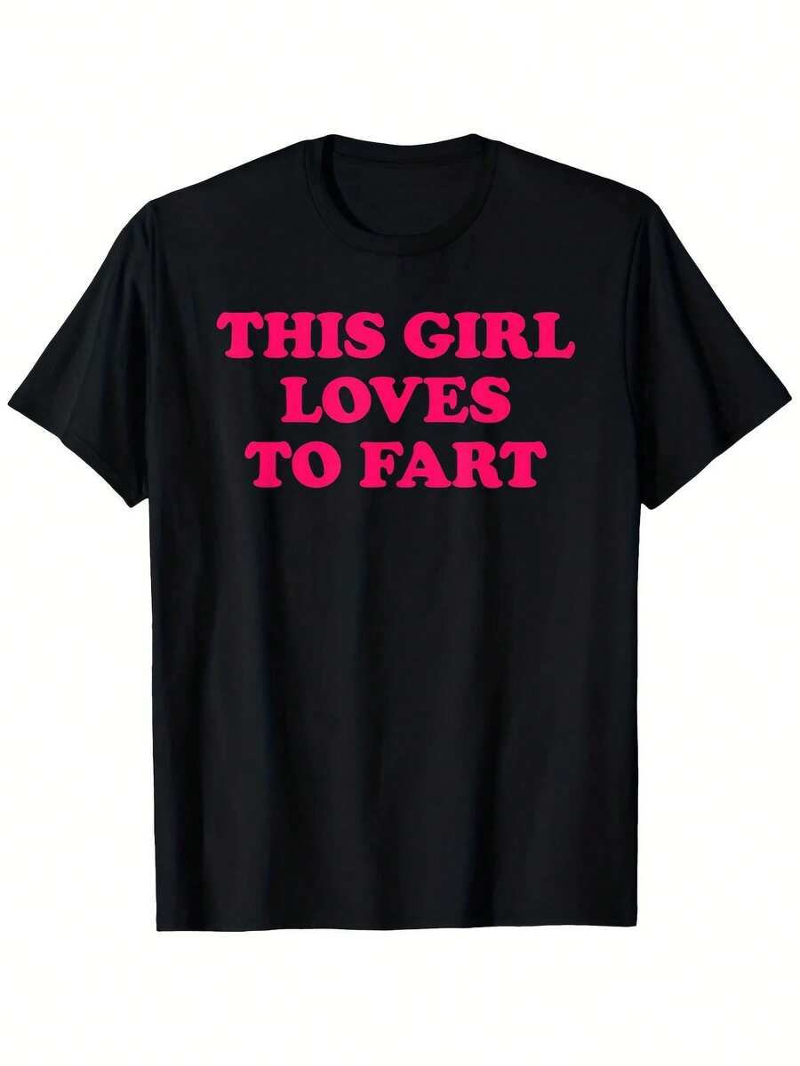 Camiseta gráfica divertida "This Loves to Fart" de algodón suave y transpirable con texto en rosa llamativo, lavable a máquina, unisex - Negro - Ver 1