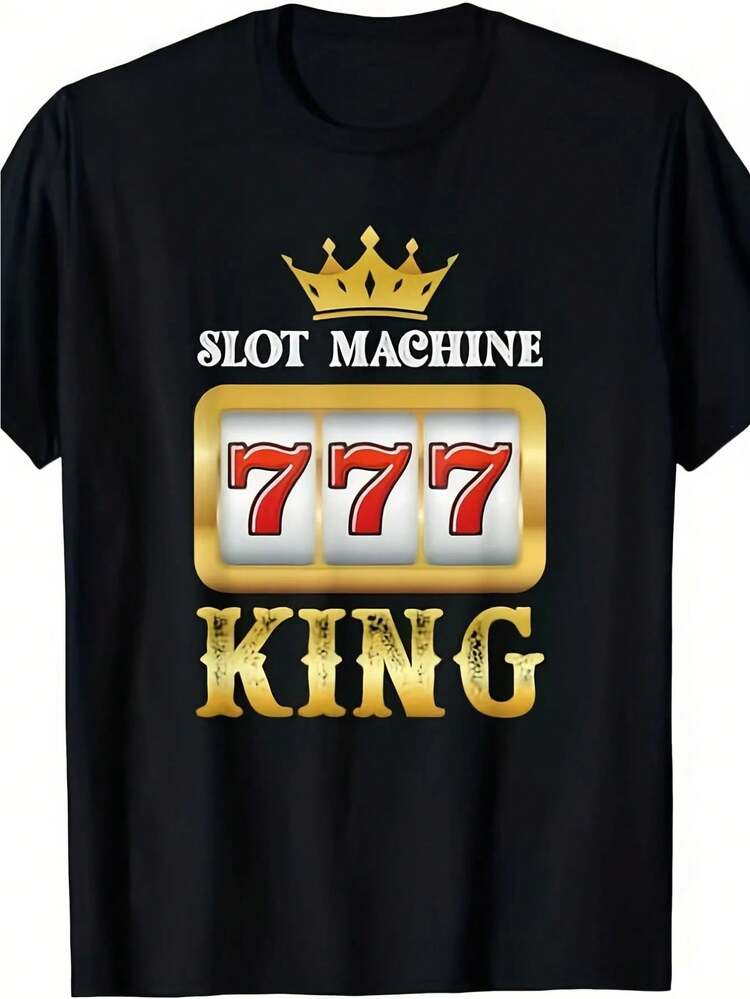 Camiseta de Hombre Slot Machine King Diseño Divertido de Rey del Juego de Casino Ajuste Holgado Cuello Redondo Estampado de Tela - Negro - Añade 9