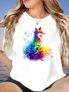 Colorful Fox Art Print Women's Casual T-Shirt Rainbow Animal Design Loose Fit Short Sleeve Top Summer Fashion Graphic TeeWomen's T-Shirt, 220g - 白色 - 查看 2
