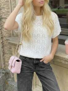 女士休闲通勤条纹圆领无袖宽松基础款针织上衣（图案随机） - 白色 - 查看 3