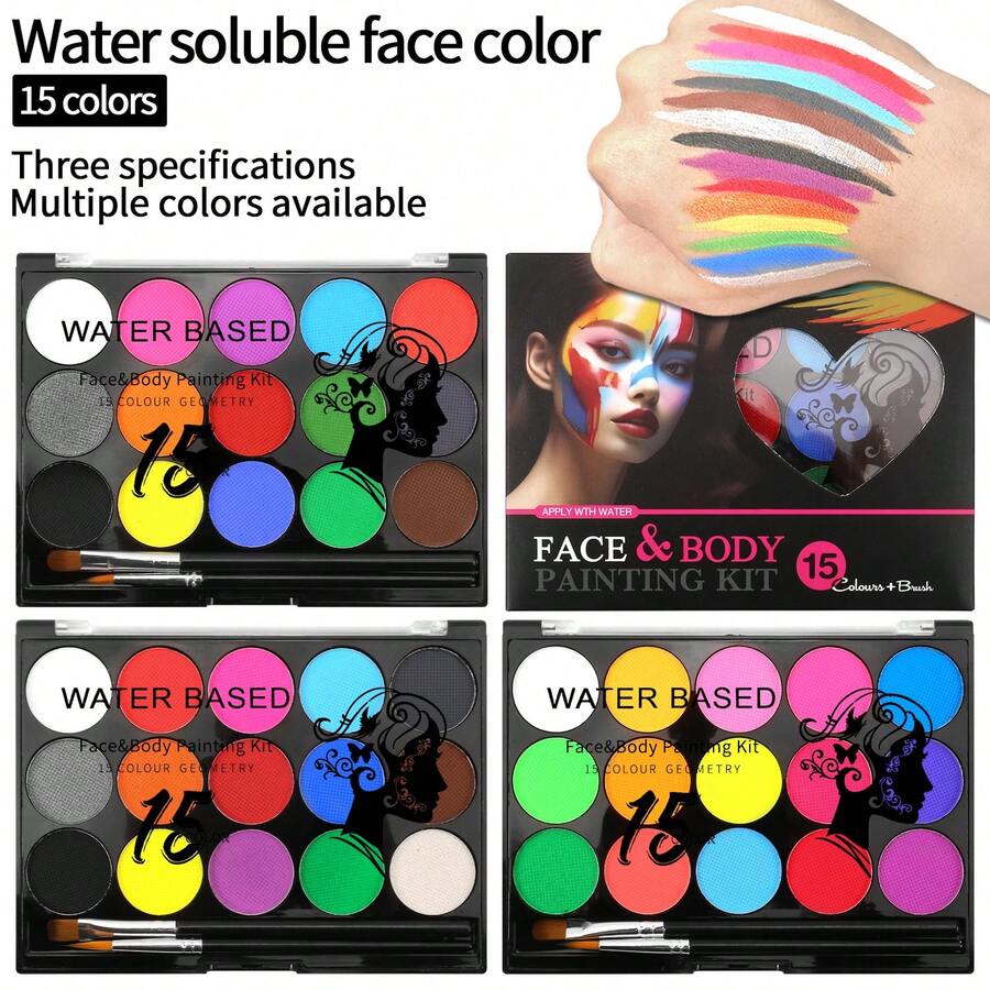 15 Colors Body Paint Set, Includes 2 Brushes, Water-Based Pigments With Rich Coverage, Easy To Clean And Non-Irritating, Ideal For Festivals, Parties, Halloween Body Art