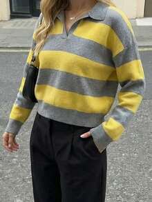 Women's Sweet & Fashionable Loose Polo Collar Striped Long Sleeve Casual Knit Sweater, Spring/Summer - Yellow Gray - View 3