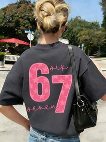 Tween-Mädchen T-Shirt mit Stern Element Sechs Sieben 67 Cartoon Muster, modisches Sommer Kurzarm T-Shirt, geeignet für den täglichen Gebrauch, Campus, Straßenmode - Dunkelgrau - Übersicht 4