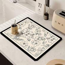 1件装花卉图案不对称耐热速干杯垫，茶水滴垫，花卉风格家用茶几滴垫，厨房浴室吸水硅藻土防滑垫 - 彩色 - 查看 3